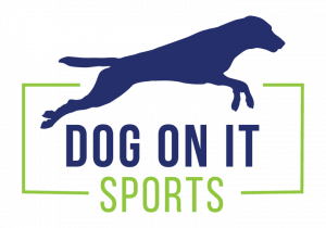 Blue & green logo saying Dog On It Sports with a Labrador jumping over text