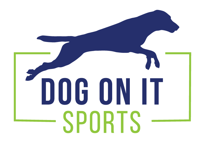Blue & green logo saying Dog On It Sports with a Labrador jumping over text
